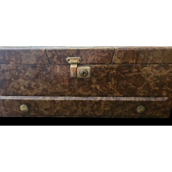 Vtg Jewelry Box Tri Fold Velvet Lined Gold Brown Marble Vinyl Mid Century - Picture 8 of 16